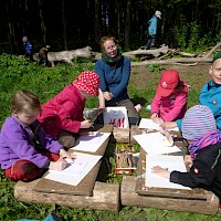 Die Kinder malen auf, was ihnen an ihrem Wald wichtig ist.